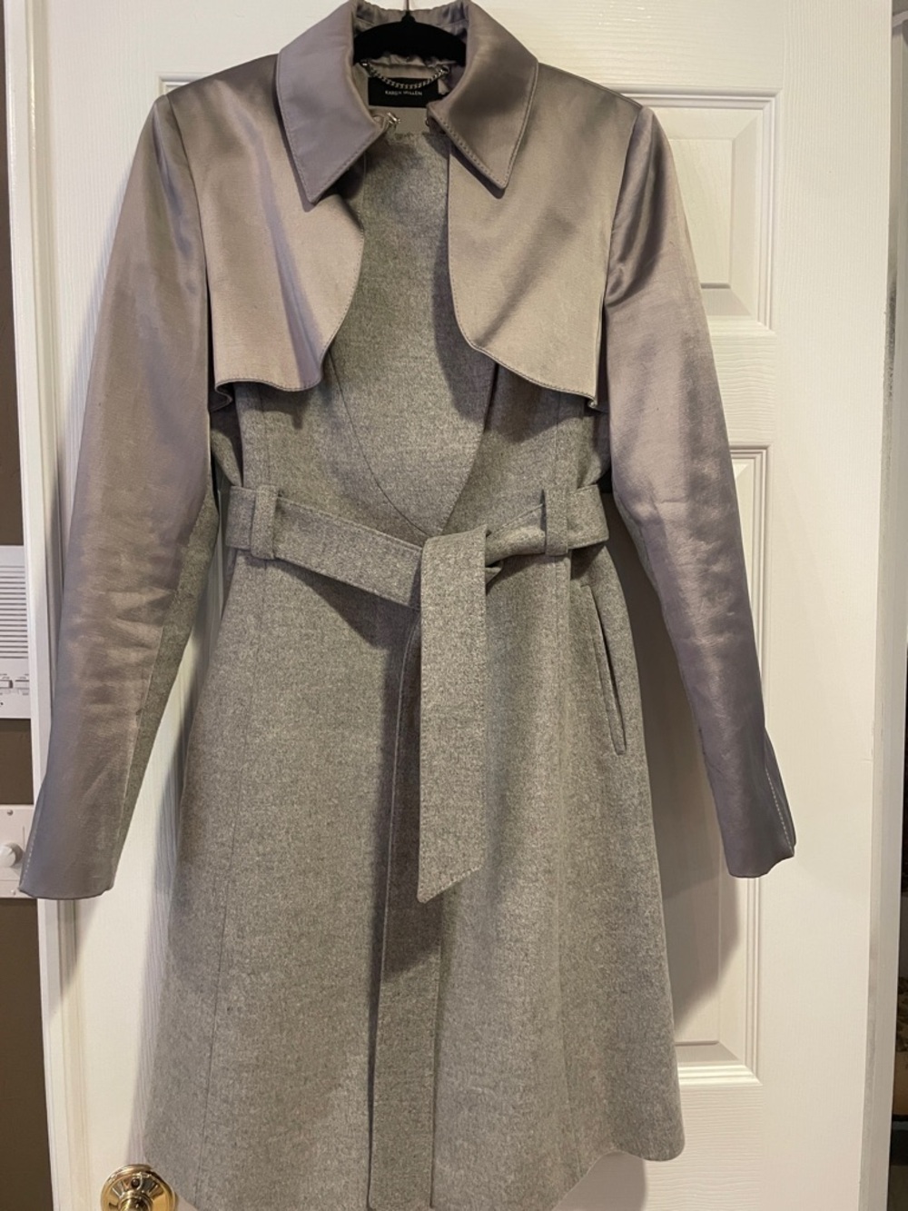Karen Millen Silver-Gray Trench Coat with Satin Shoulder Detail